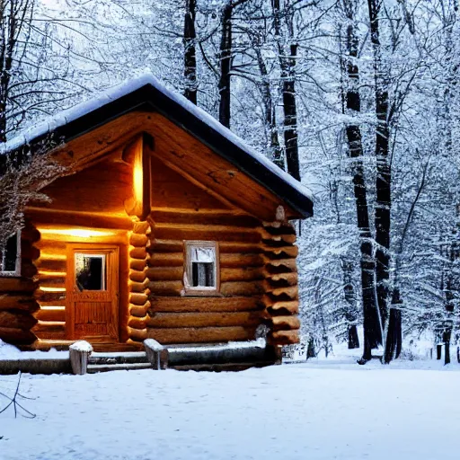 Prompt: log cabin, snow, forest, lake, one room with light on, rule of thirds