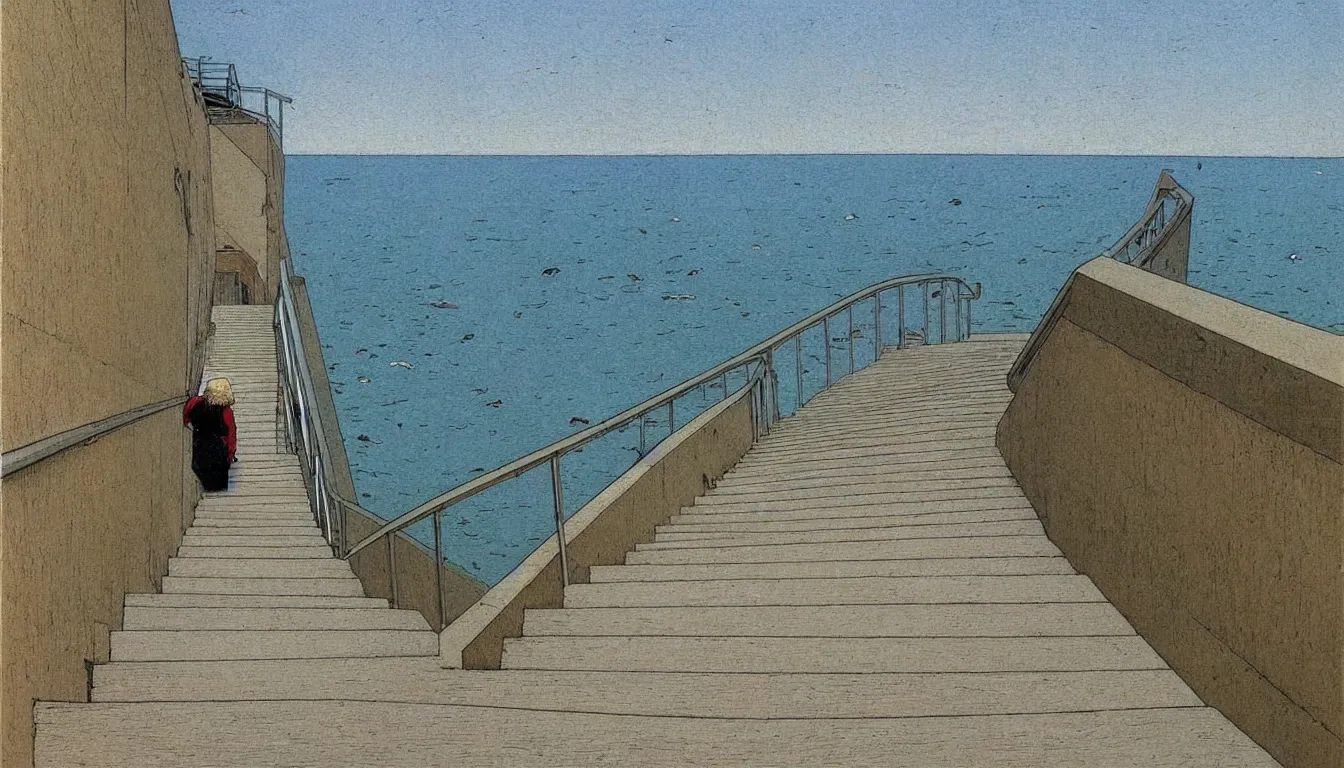 Image similar to walking down the stairs to the ocean, moebius