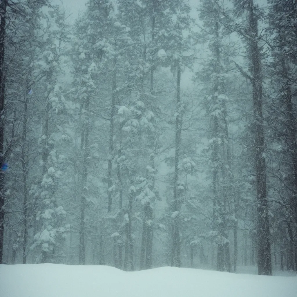 Image similar to photo, bigfoot is hiding in the background. cold color temperature, snow storm. hazy atmosphere. humidity haze. kodak ektachrome, greenish expired film, award winning, low contrast