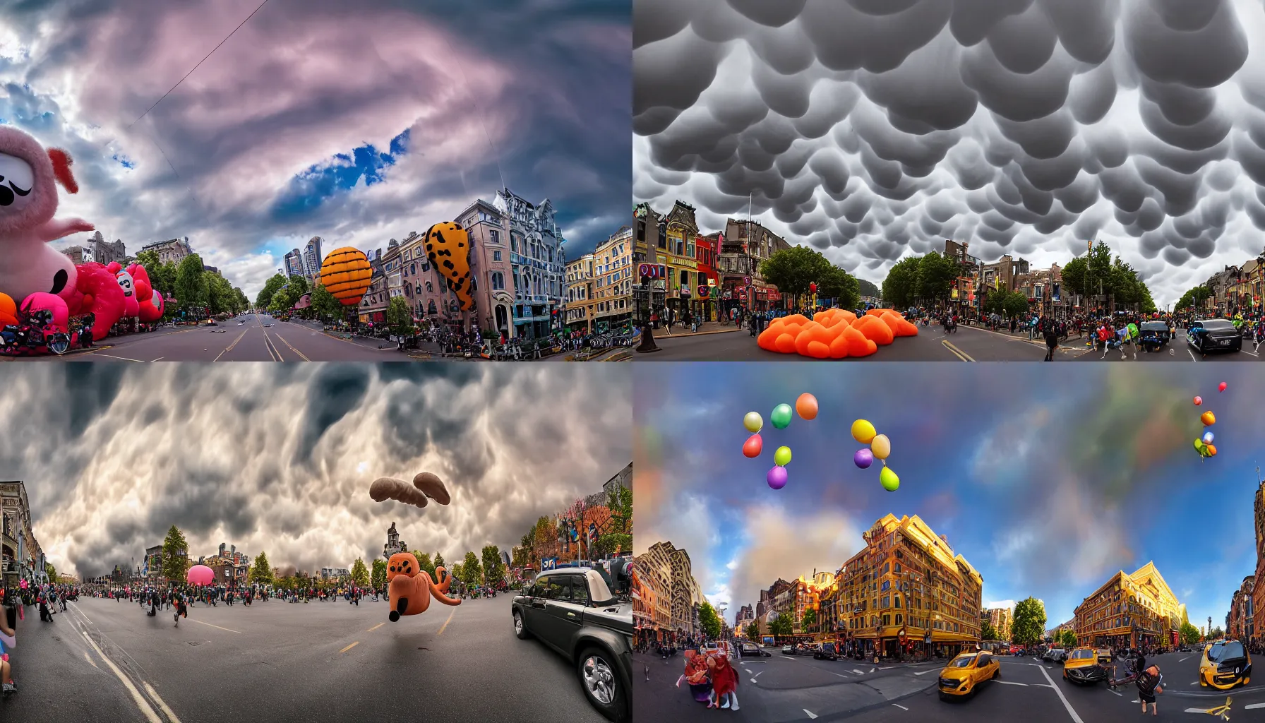 Prompt: a professional photograph of a very giant huge inflatable parade balloon of an very uncanny and unidentifiable furry animal floating down a very beautiful city street. Mammatus clouds worms eye shot, wide-angle, racking focus, extreme panoramic, Dynamic Range, HDR, chromatic aberration, Orton effect, Photo by Marc Adamus, Ryan Dyar, Ezra Stoller, and Andres Gursky