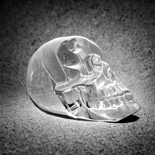 Prompt: A photograph of a crystal skull. Film Noir. High Contrast. Black and White.