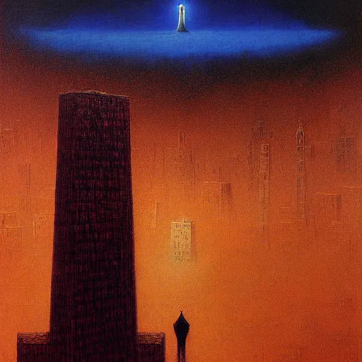 Image similar to a giant rabbi stands over a city painting by beksinski, barlowe colors. masterpiece painting