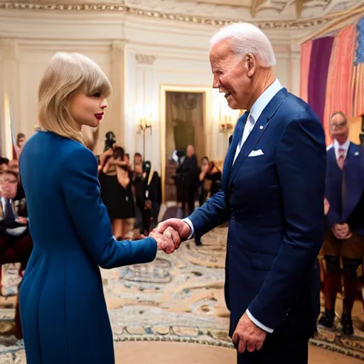 Image similar to taylor swift shaking hands with joe biden, 8 k uhd, perfect faces