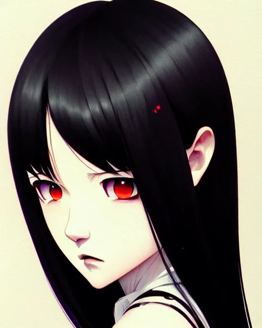 Image similar to portrait Anime goth girl, cute-fine-face, black-hair pretty face, realistic shaded Perfect face, fine details. Anime. realistic shaded lighting by Ilya Kuvshinov katsuhiro otomo ghost-in-the-shell, magali villeneuve, artgerm, rutkowski, WLOP Jeremy Lipkin and Giuseppe Dangelico Pino and Michael Garmash and Rob Rey