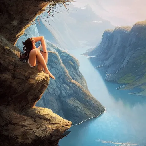 Image similar to a beautiful woman laying on the edge of a cliff above a fjord, in the style of greg rutkowski, artgerm, artstation, forest in background, highly detailed, digital art, gorgeous