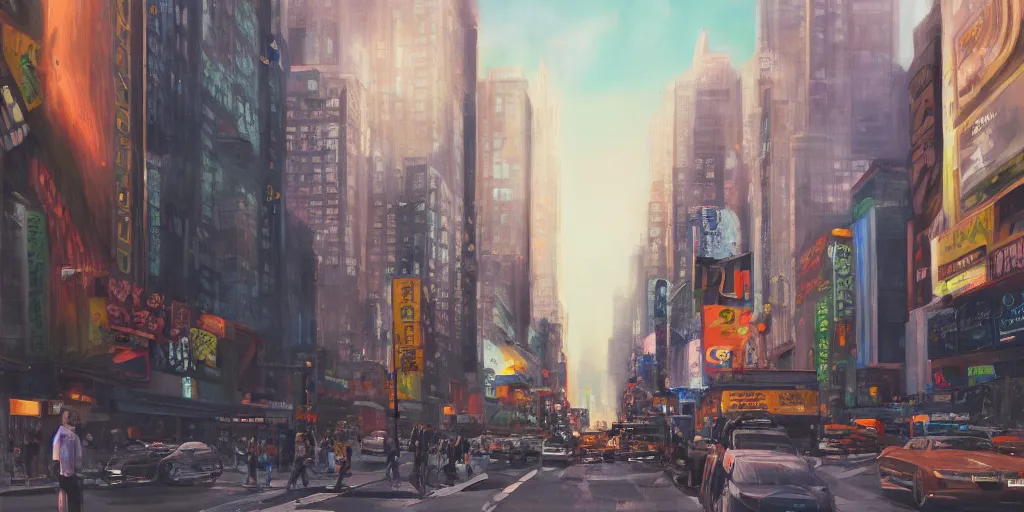 Image similar to New york city, street view, cinematic angle, studio Ghibli, cinematic lighting, detailed oil painting, hyperrealistic, 8k