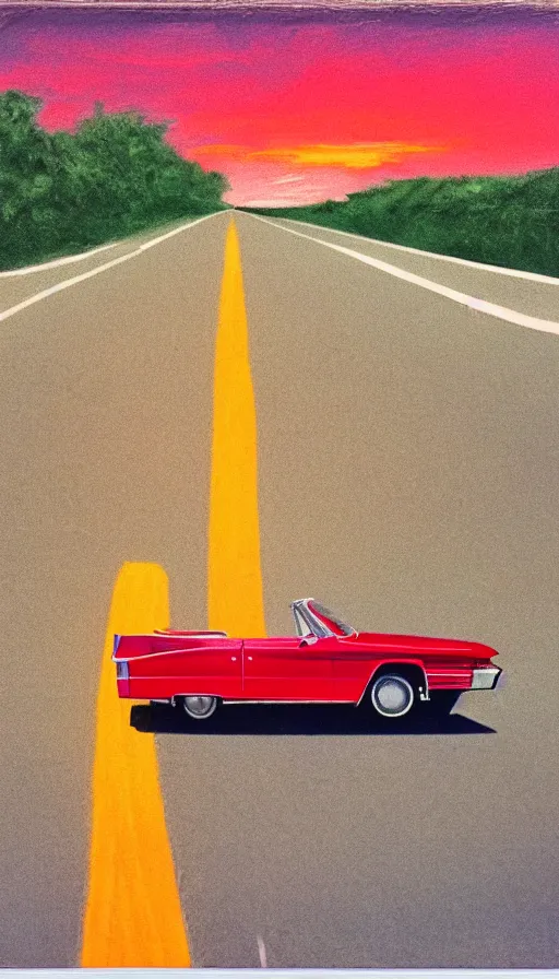 Image similar to polaroid of a 1 9 6 3 red cadillac convertible in the distance driving down empty highway into an orange sunrise, oil pastel, high detail, realistic, vintage, surrealcore, 4 k