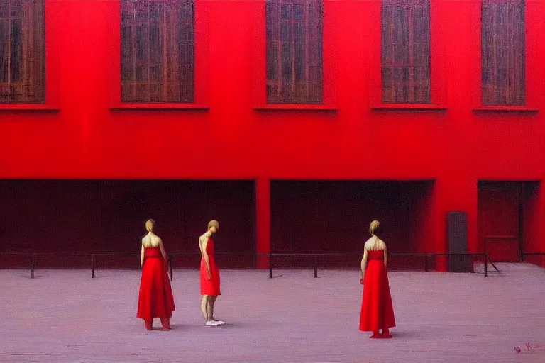 Image similar to only with red, crowd delirious at the sight of a painting, in a city square, in the style of beksinski, parts by edward hopper, parts by rodcenko, parts by yue minjun, intricate and epic composition, red by caravaggio, insanely quality, highly detailed, masterpiece, red light, artstation, 4 k