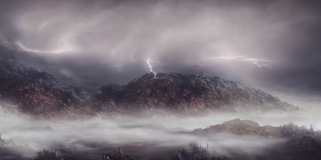 Image similar to mount olympus, fog, amazing lightning art, fog, octane render, ray tracing, realistic fire sharp focus, long shot, 8 k resolution, cinematic