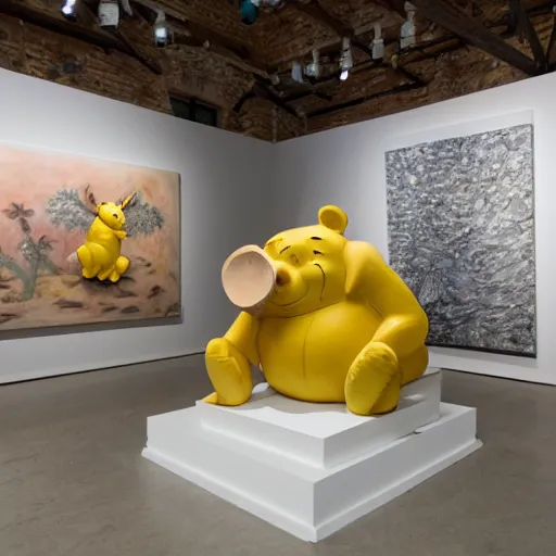 Image similar to winnie the pooh and Piglet visit a gallery, exhibition about honey, paintings of honey, sculptures of bees, plinths made of wood, white gallery, contemporary art, photorealistic