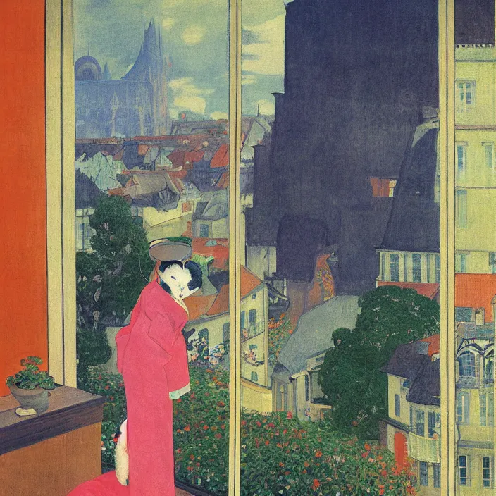 Image similar to portrait of woman in colorful kimono, white cat and house plant with city with gothic cathedral seen from a window frame with curtains. thunderstorm. agnes pelton, caspar david friedrich, bonnard, henri de toulouse - lautrec, utamaro, matisse, monet