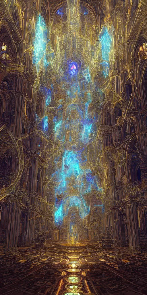 Prompt: a centered photo real render of a post apocalyptic cathedral surrounded by glowing fractals and ornate flowing light streams sacred geometry, by beeple, by donato giancola, unreal engine