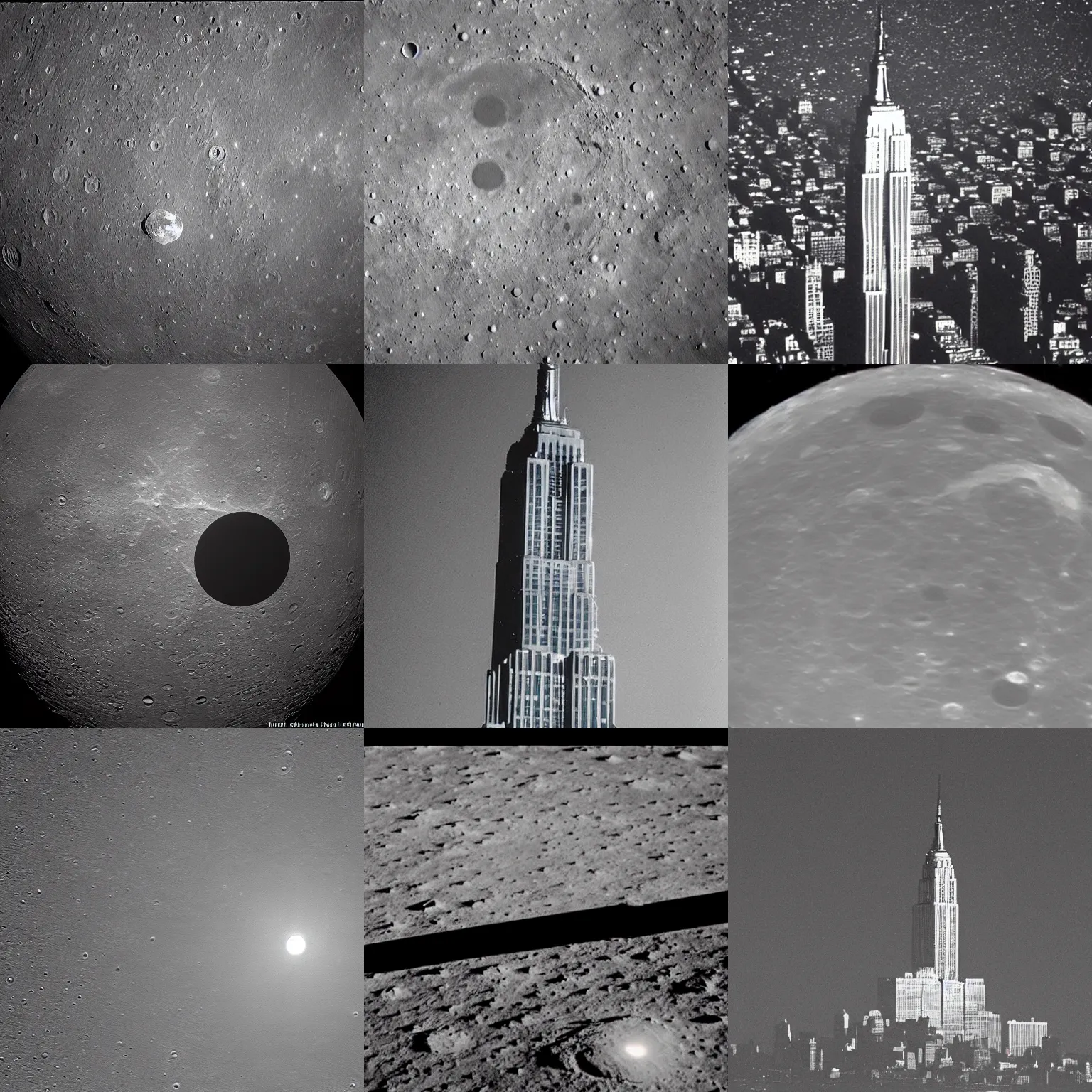 Prompt: The empire state building on the moon, high exposure image of earth can be seen in the sky