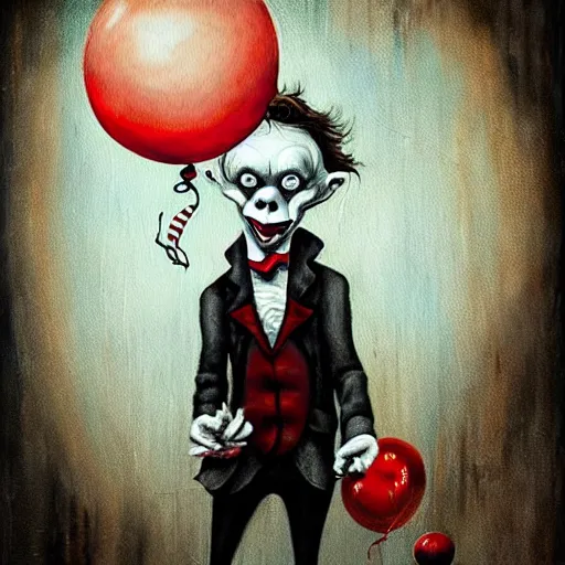 Prompt: grunge painting of mr krabs with a wide smile and a red balloon by chris leib, loony toons style, pennywise style, corpse bride style, horror theme, detailed, elegant, intricate