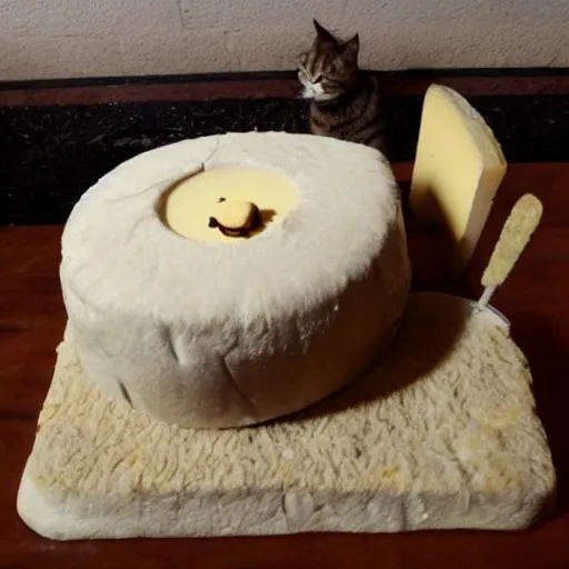 Image similar to Cat made out of cheese. The fur texture is swiss cheese. Droopy molten Camembert. Meow.