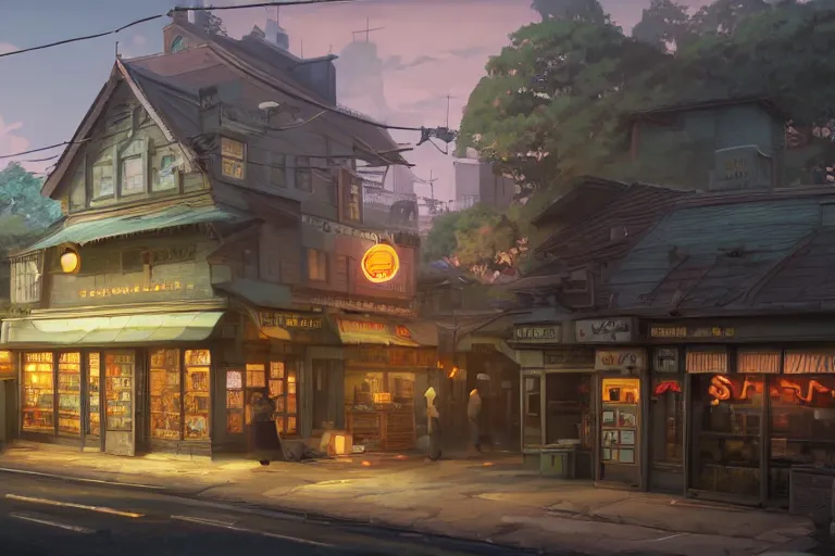 Prompt: A highly detailed matte painting of a detached small shop with sign by Studio Ghibli, Makoto Shinkai, by Artgerm, by WLOP, by Greg Rutkowski, volumetric lighting, octane render, 4K resolution, trending on artstation, masterpiece