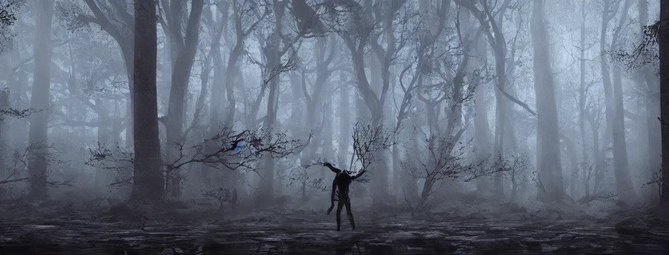 Prompt: detail view on heavy angry alien just hunted last human hiding in the trees, in dark foggy old forest in the night, postapo, dystopia style, heavy rain, reflections, high detail, horror dramatic moment, motion blur, dense ground fog, dark atmosphere, saturated colors, by darek zabrocki, render in unreal engine - h 7 0 4