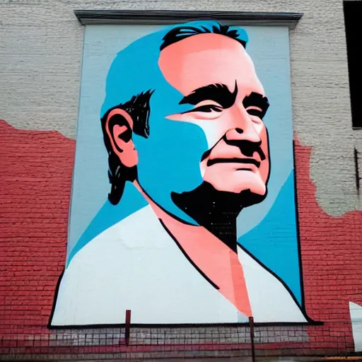 Prompt: robin williams street art mural by sachin teng x supreme : 1 high contrast, hard edges, matte painting, geometric shapes, marijuana, masterpiece : 1