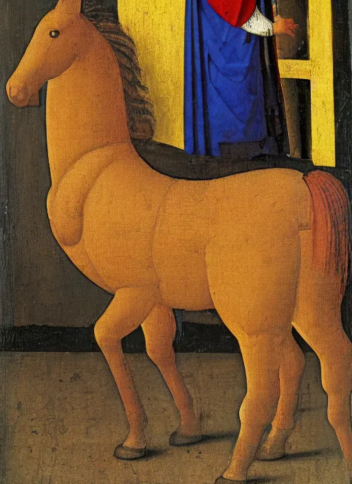 Image similar to wooden horse toy, medieval painting by jan van eyck, johannes vermeer, florence