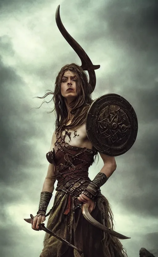 Prompt: Official photo of a majestic fierce viking woman, leader, fear, scarred, highly detailed, viking attire, cinematic, 8k, 1080s, by Stanley Artgermm, Tom Bagshaw, Greg Rutkowski, Vincent di Fate, Carne Griffiths, Ayami Kojima, trending on DeviantArt, hyper detailed, full of color, digital art, valhalla, Game of Thrones