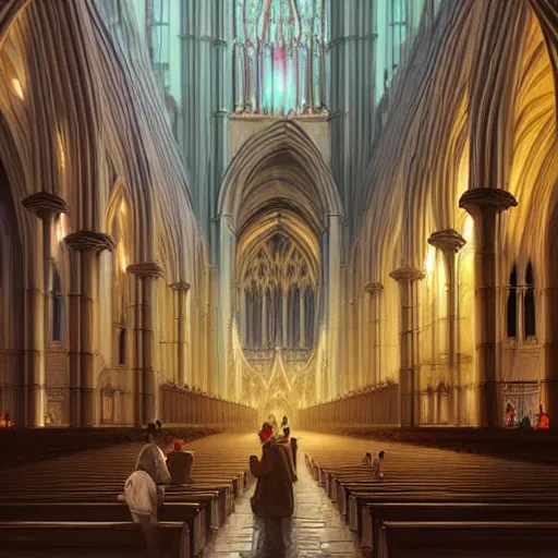Prompt: A magnificent huge cathedral in a city, realistic, highly detailed, volumetric lighting, digital painting, award winning, trendsetting, illustration, concept art, by Mandy Jurgens and Ricardo Ow