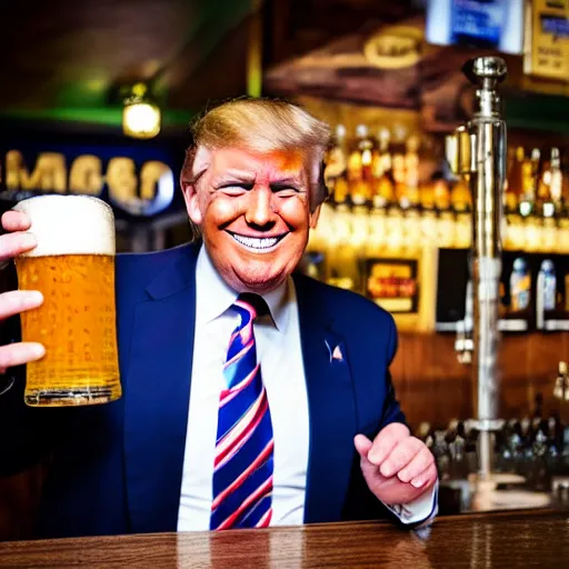 Image similar to portrait of trump grinning and offering a pint of beer to the viewer, realistic, detailed, 4 k, photography