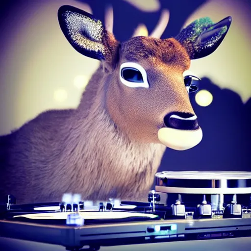 Image similar to “a deer dj behind the turntables octane render hyperrealism, dynamic lighting 8k”