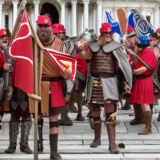 Image similar to roman legions invading the capitole, wearing maga hats ( 2 0 2 1 )