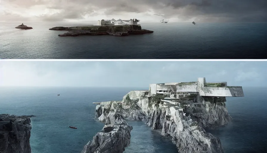 Image similar to coastal perched on a cliff overlooking a magnificient bay, bond villain base, drawing architecture, imperial architecture in rogue one, pritzker architecture prize, brutalism architecture, jan urschel, greig fraser