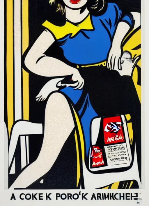 Prompt: a portrait of a woman advertising coke, 1 9 5 0's, punk by roy lichtenstein