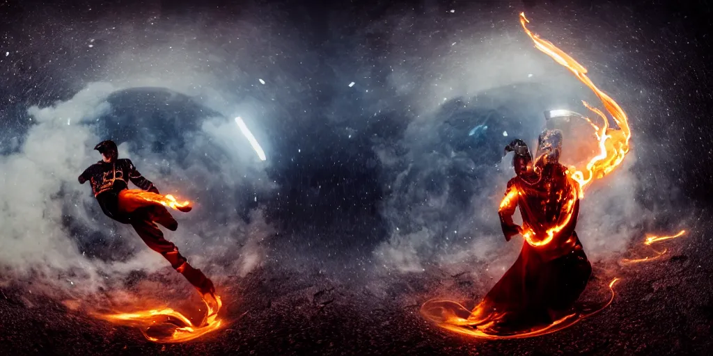 Image similar to music video fisheye slow motion with trail fire and smoke effect of futuristic break dancer wearing long dark cloak and golden helmet emitting fire and crystals, long exposure shot , enigmatic, at night on the surface of the moon, paddle of water, steam, fog, water splashes, rim lights, glossy reflections, water droplets on lens, octane render, Volumetric dynamic lighting, stunning cover magazine, high details, hajime sorayama