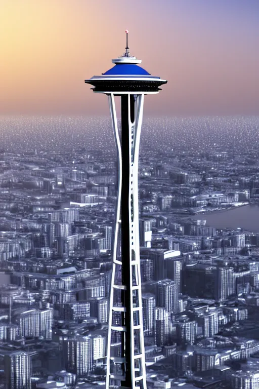 Image similar to space needle in photorealistic unreal render style, blue background