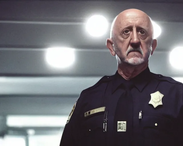 Image similar to mike ehrmantraut as a police officer, cinematic lighting, atmospheric portrait cinematography