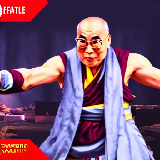 Image similar to Dalai Lama mortal kombat fatality, brutality, mk11, kombat league, twitch, tournament play, 4K 60 fps