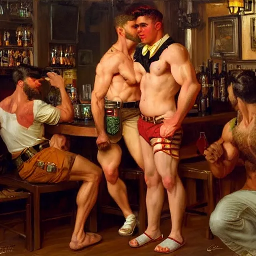 Prompt: drinking their hearts out, in a pub. shorts, attractive muscular male with red hair, and attractive muscular male with black hair. very defined and highly detailed painting by j. c. leyendecker, gaston bussiere, craig mullins 8 k