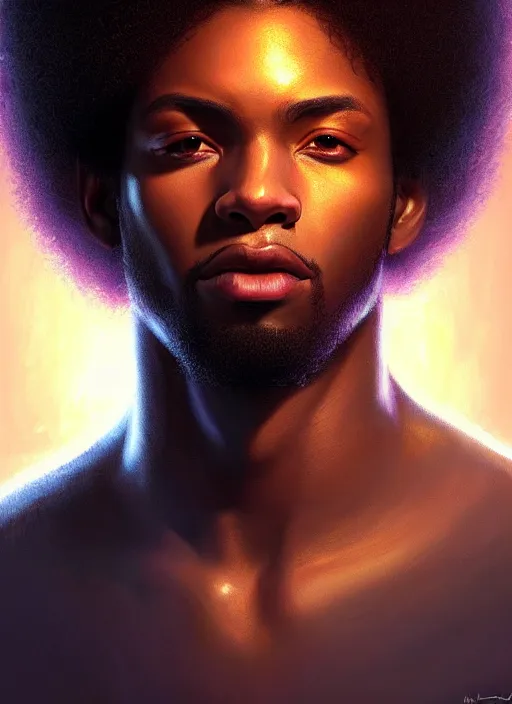 Image similar to photographic portrait of an handsome young black man with an afro, atmospheric lighting, elegant, highly detailed, digital painting, artstation, concept art, sharp focus, star wars, illustration, art by artgerm and greg rutkowski