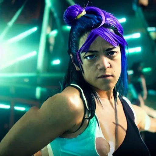 Prompt: cinematic scene with michelle rodriguez as jolyne from jojo's bizarre adventure, live action film, stone ocean, dramatic, small details, volumetric lighting, still frame