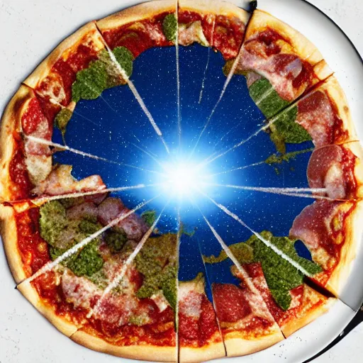 Prompt: giant pizza hovering above planet earth