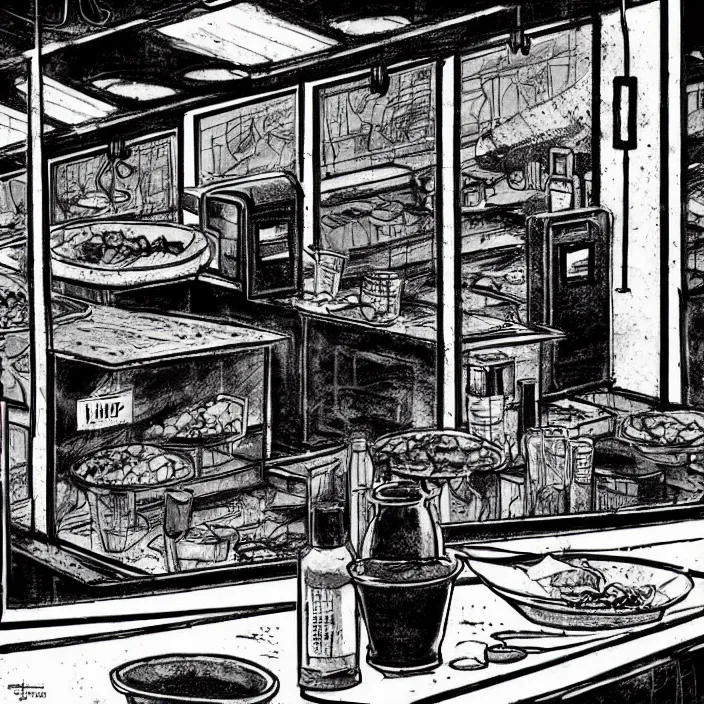 Image similar to close - up on poor quality food, water, and gruel : on a table. background : insterior of a dirty automated kiosk, black tiles on walls. black and white, pencil and ink. by gabriel hardman, joe alves, chris bonura. cinematic atmosphere, detailed and intricate, perfect anatomy