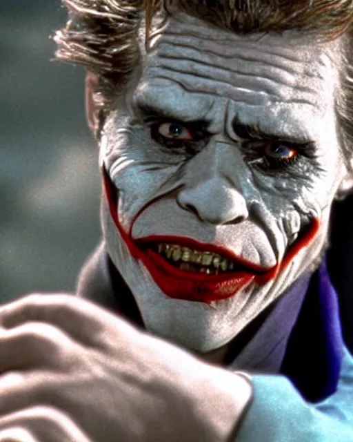 Image similar to a movie still of Batman starring Willem Dafoe as the Joker smiling, 8k, Technicolor, telephoto lens, detailed skin, detailed realistic eyes, medium shot, mid-shot