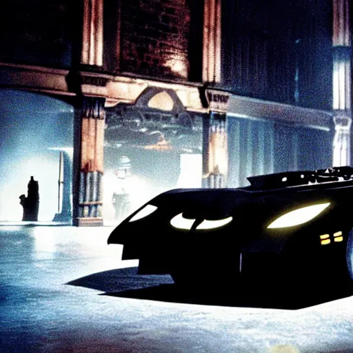 Image similar to henry cavill as batman in batman ( 1 9 8 9 ), standing next to the batmobile, by tim burton, dark deco, gotham city, film still