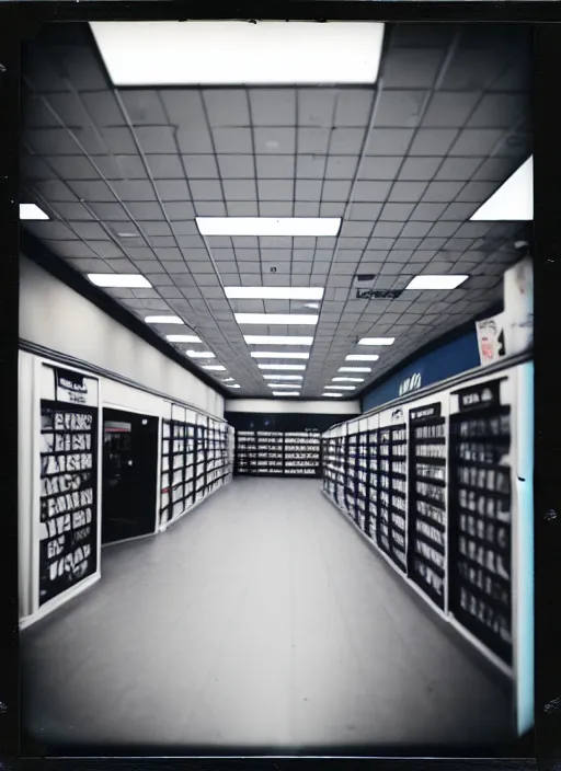 Image similar to polaroid photograph of the inside of an empty blockbuster store, liminal space, familiar place, mannequins, black mold, amateur, 3 5 mm, raw, 4 k, hd