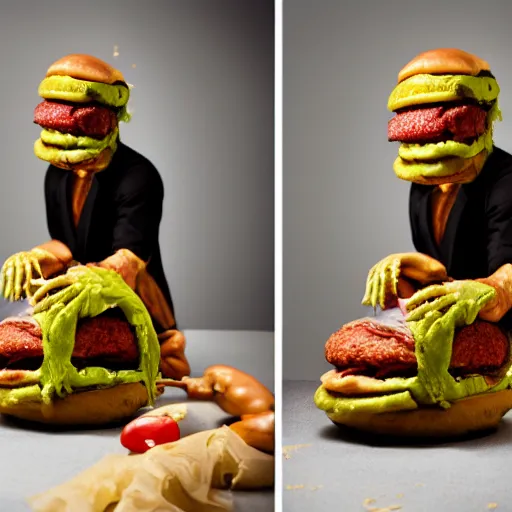 Image similar to a humanoid bipedal upright zombie that strongly resembles a hamburger, professional food photography