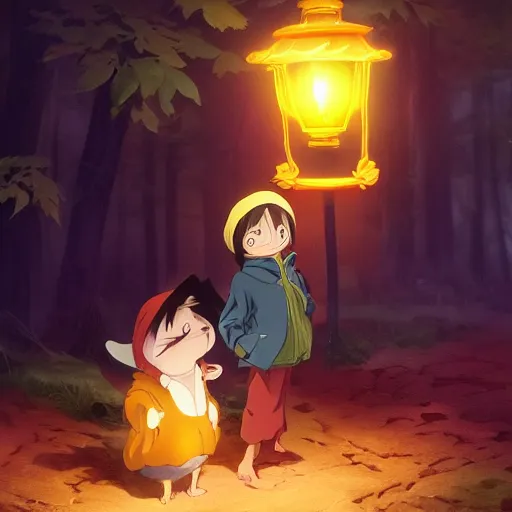 Image similar to concept art painting of an luffy chipmunk wearing a yellow cloak, holding a lantern, in the deep forest, realistic, detailed, cel shaded, in the style of makoto shinkai and greg rutkowski and james gurney