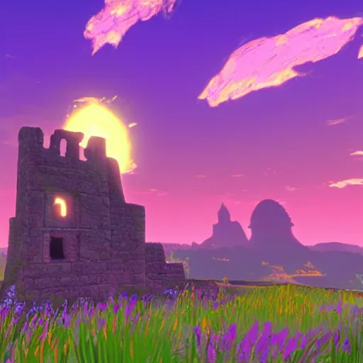 Image similar to Magical purple portal, castle ruins in background, sunset, glowing sun, miss, style of breath of the wild, studio ghibli