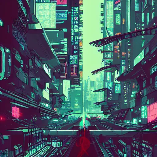 Image similar to beautiful japanese cyberpunk futuristic landscape painting, teal and pink, by tuomas korpi, dan mumford, trending on artstation