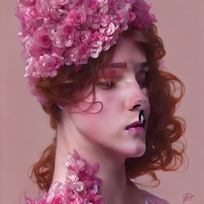 Image similar to pink petals with a shape of a human body, intricate, elegant, highly detailed, wonderful eyes, sweet, digital painting, artstation, concept art, smooth, sharp focus, illustration, art by artgerm and greg rutkowski and alphonse mucha and william - adolphe bouguereau