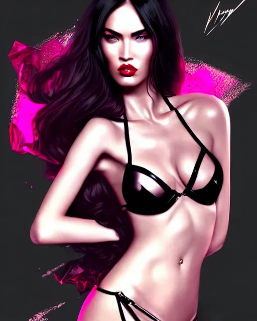 Image similar to 3 d cyperpunk megan fox with dark eye makeup and pink glossy lipstick, chrome bikini, long windblown black hair, seductive camisole, pinup, intricate, glamorous fashion pose, sharp focus, illustration, highly detailed, digital painting, concept art, art by wlop, arney freytag, charlie bowater, loish