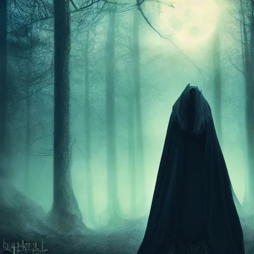 Prompt: a lady in a dark cloak suspended in mid air, seen from behind, ancient forest, mist, moonlight, 35mm, photorealistic, realistic, deviantart, gloomy atmosphere, high definition