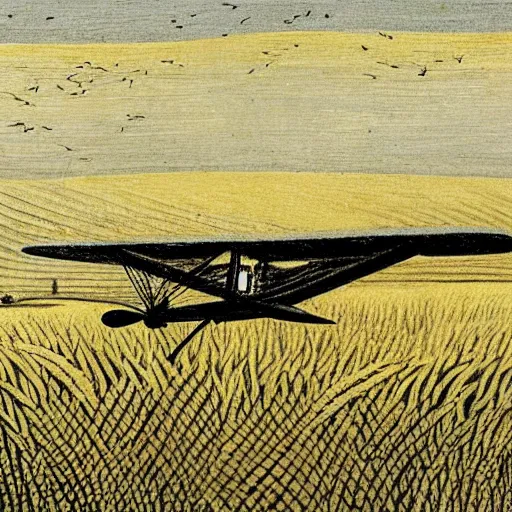 Prompt: a biplane flying low over a wheat field, by eric ravilious